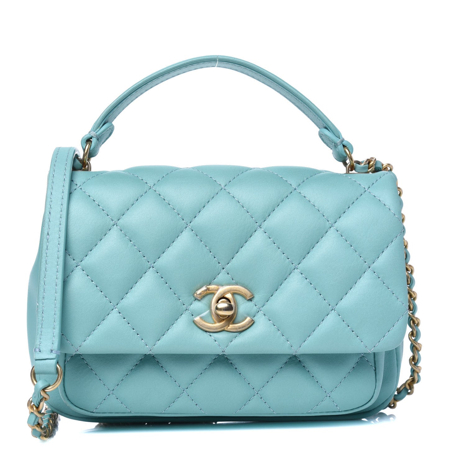 Calfskin Quilted Top Handle Flap Light Blue