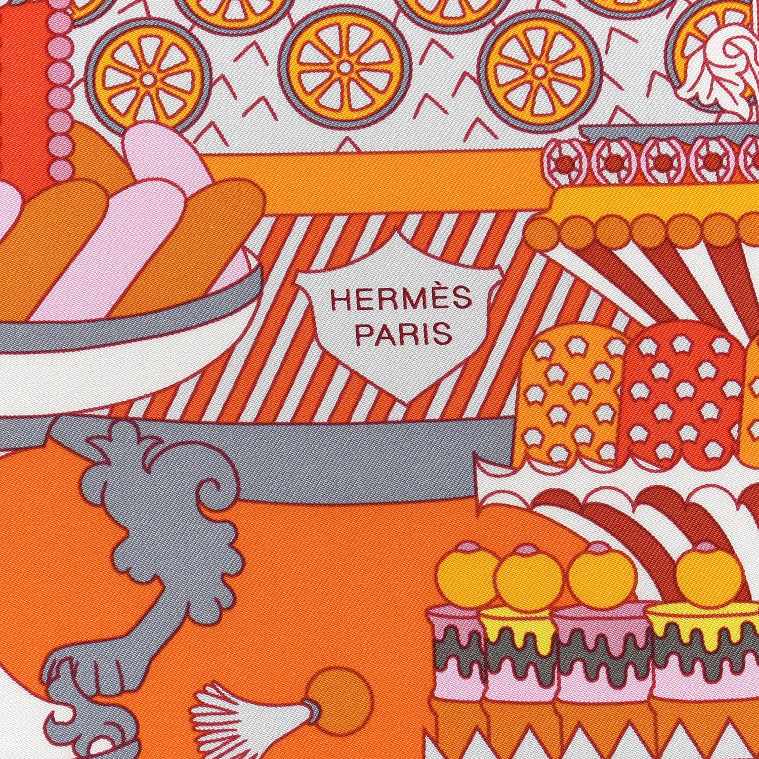 Hermes Silk La Patisserie Francaise Scarf 90 Orange Rose Gris 2 of 4