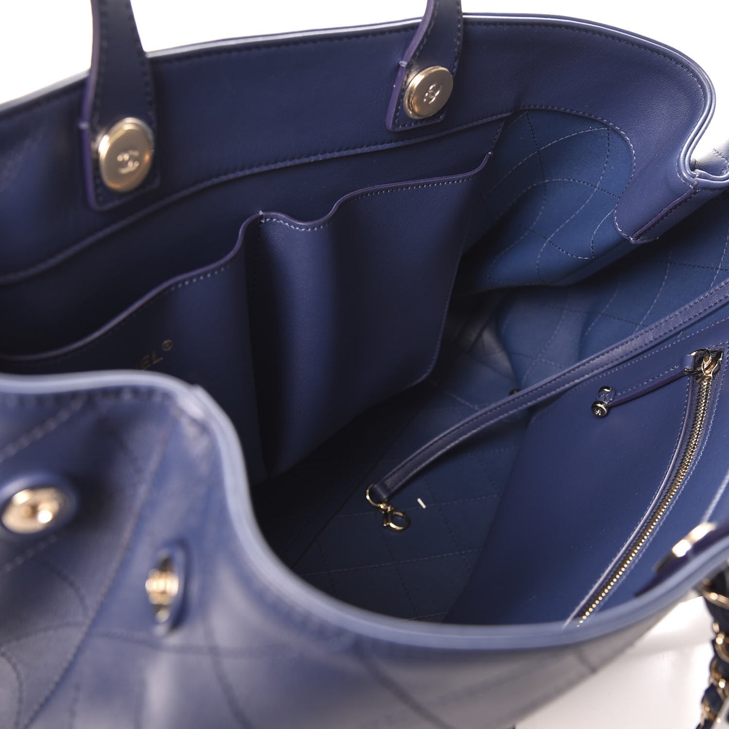 Calfskin Stitched Large Shopping Bag Navy Blue