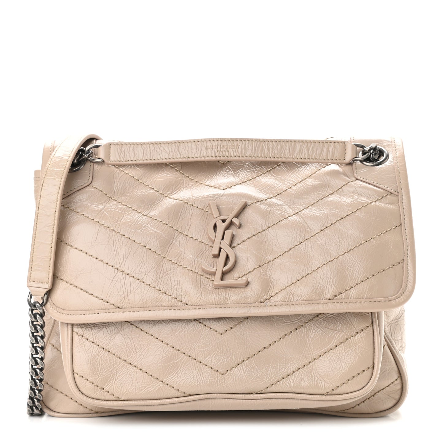 Crinkled Calfskin Matelasse Monogram Medium Niki Chain Satchel Light Natural