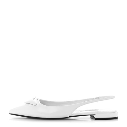 Prada Spazzolato Padded Triangle Logo Pointed Toe Slingback Flats 37.5 White 1 of 11