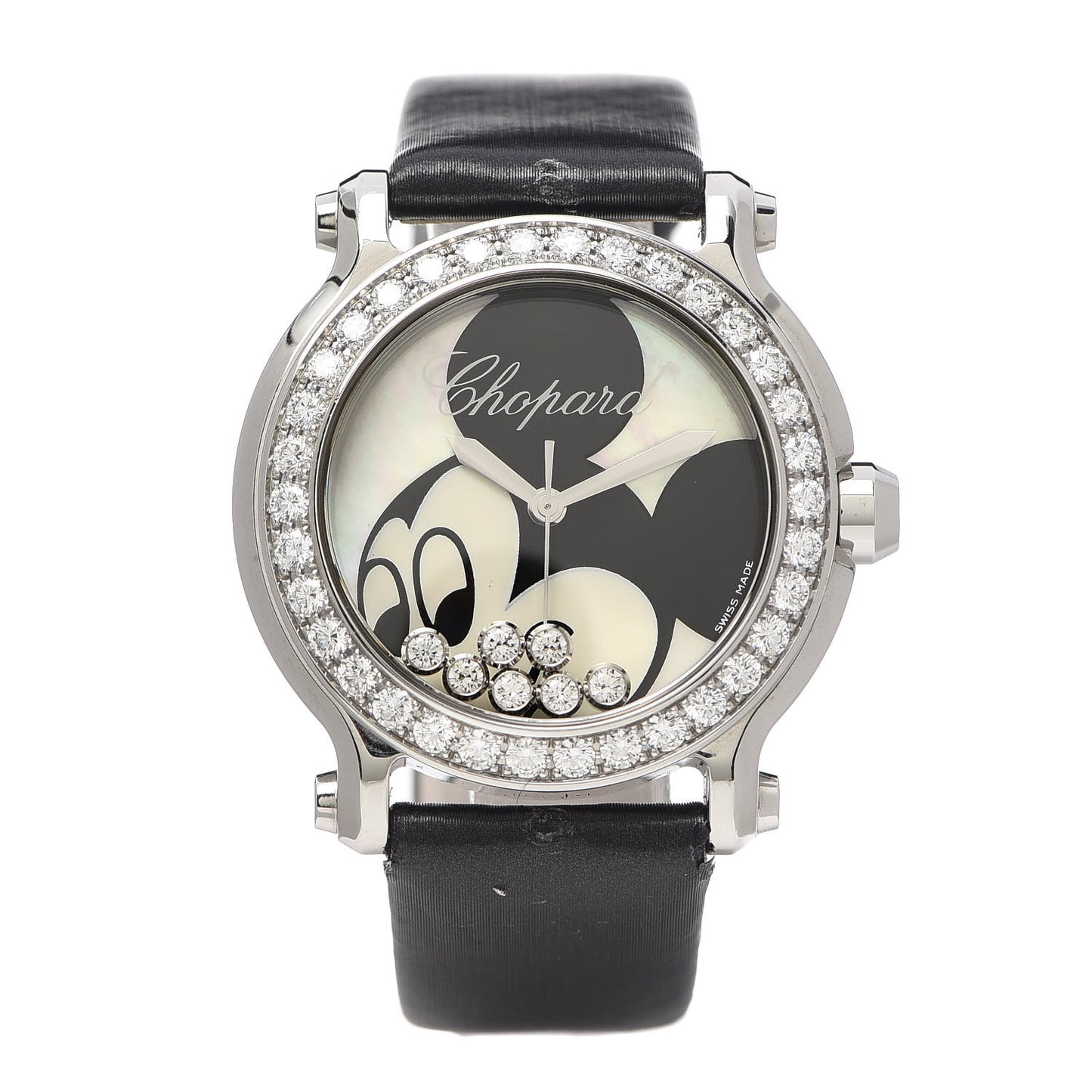 Stainless Steel Satin Diamond Bezel Mother of Pearl 36mm Happy Sport Mickey Mouse Quartz Watch