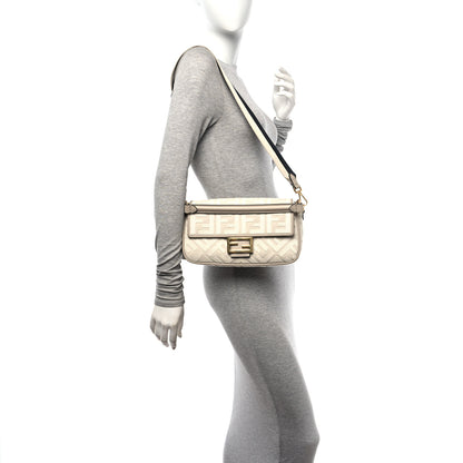 Fendi Canvas Vitello King FF Embroidered Baguette Grezzo White Nuvola 3 of 9