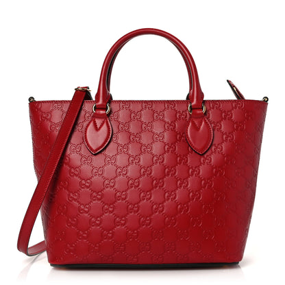 Gucci Guccissima Small Zippered Bucket Tote Hibiscus Red 1 of 9