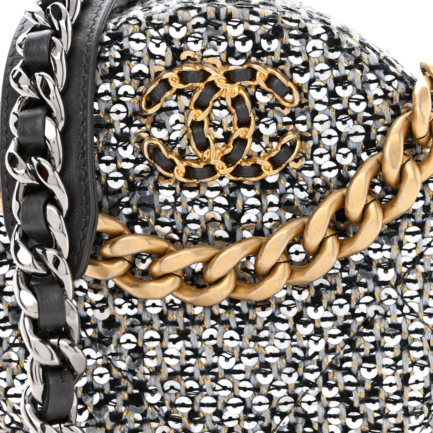 Sequin Chanel 19 Round Clutch With Chain Silver Black
