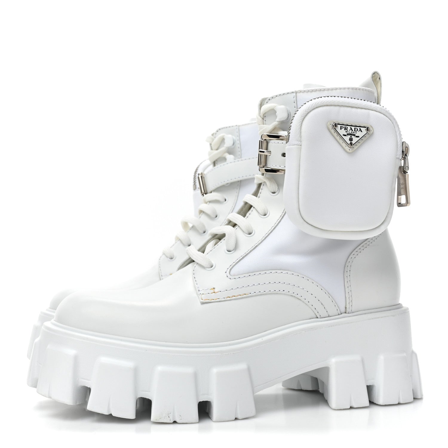 Prada Spazzolato Rois Re-Nylon Metal Triangle Logo Monolith Pouch Pocket 55mm Boots 36 White 3 of 15