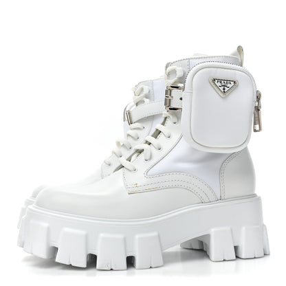 Prada Spazzolato Rois Re-Nylon Metal Triangle Logo Monolith Pouch Pocket 55mm Boots 36 White 3 of 15