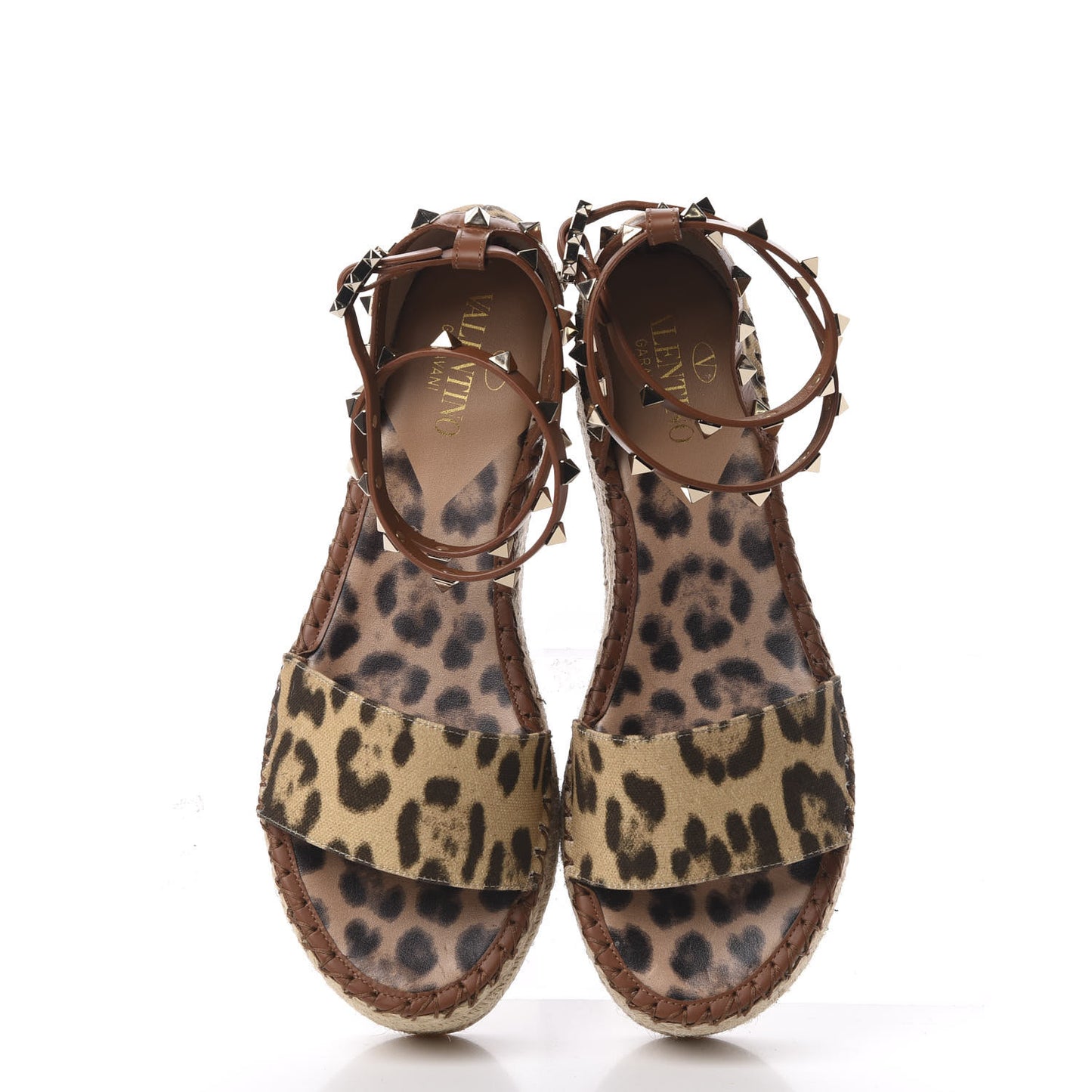 Canvas Leopard Print Rockstud Ankle Wrap Espadrille Flatform Sandals 39 Brown