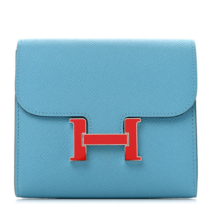 Hermes Epsom Enamel Constance Compact Passant Wallet Bleu du Nord Rouge de Coeur 1 of 8