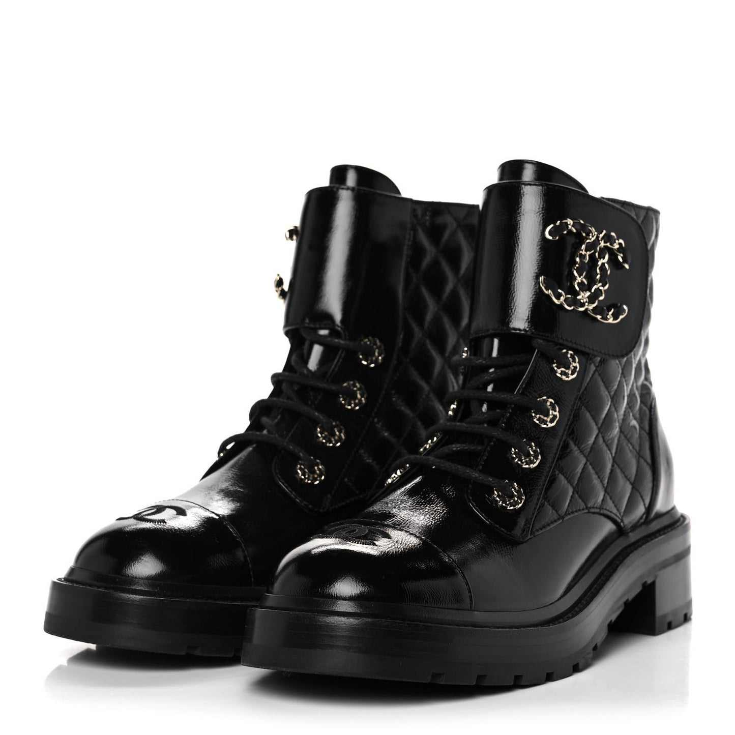 Shiny Calfskin Quilted Lace Up Combat Boots 39.5 Black