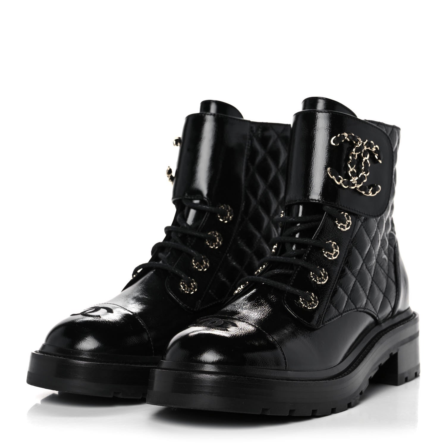 Chanel Shiny Calfskin Quilted Lace Up Combat Boots 39.5 Black 3 of 9