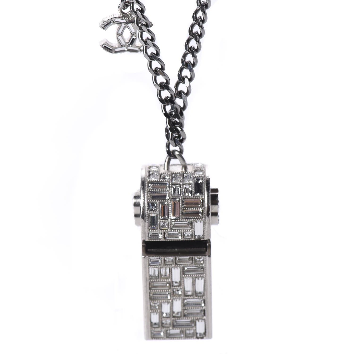 Chanel Crystal Baguette CC Whistle Pendant Necklace Silver 3 of 7