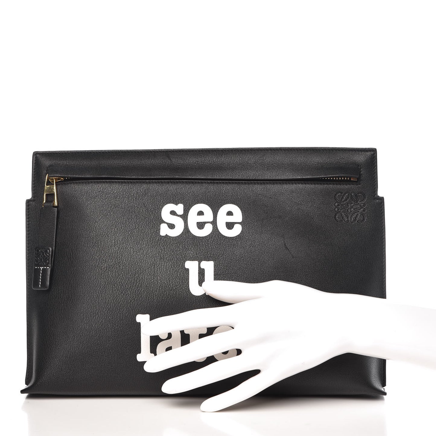 Calfskin See U Later T Pouch Bag Black White