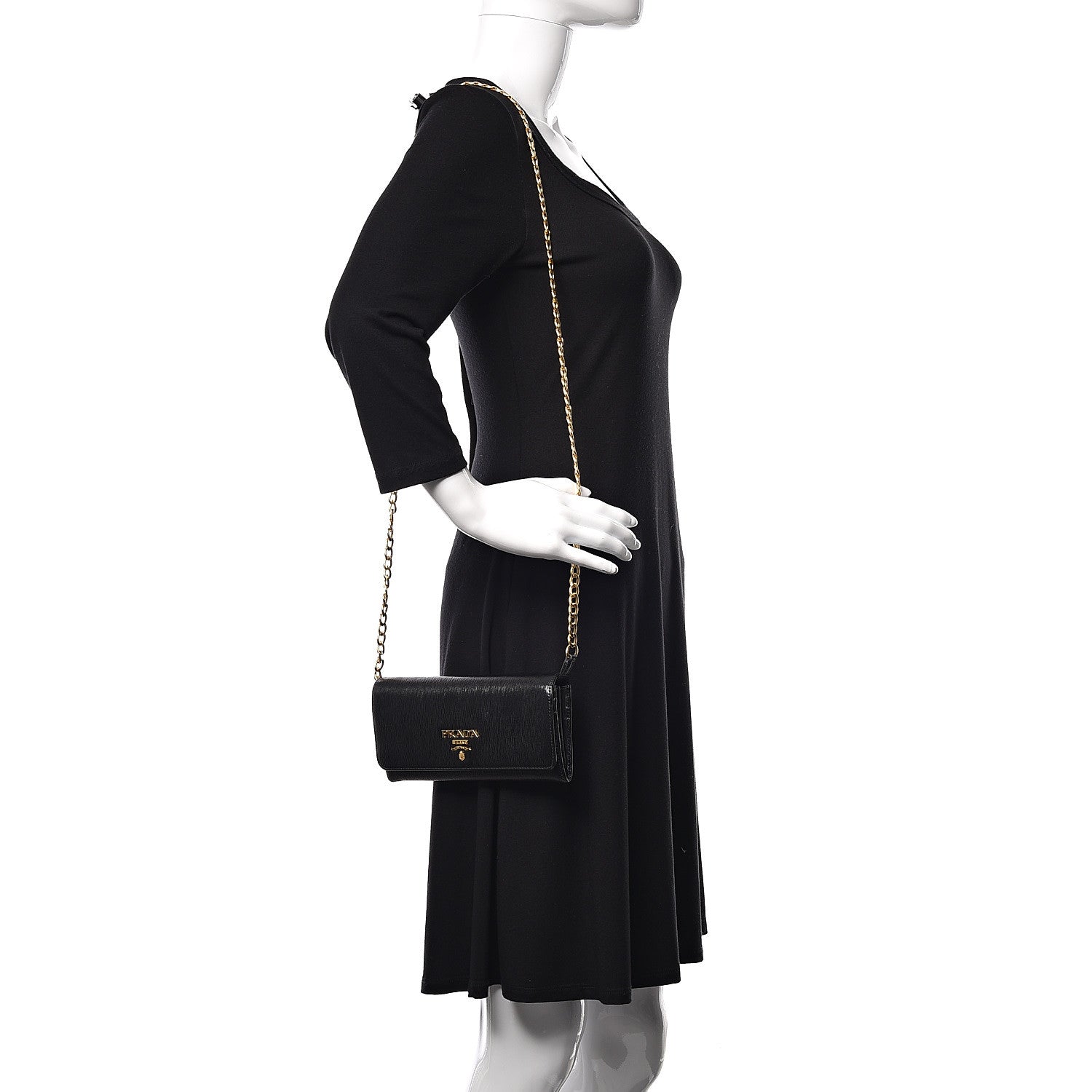Prada Vitello Move Metal Oro Chain Wallet Black 2 of 11