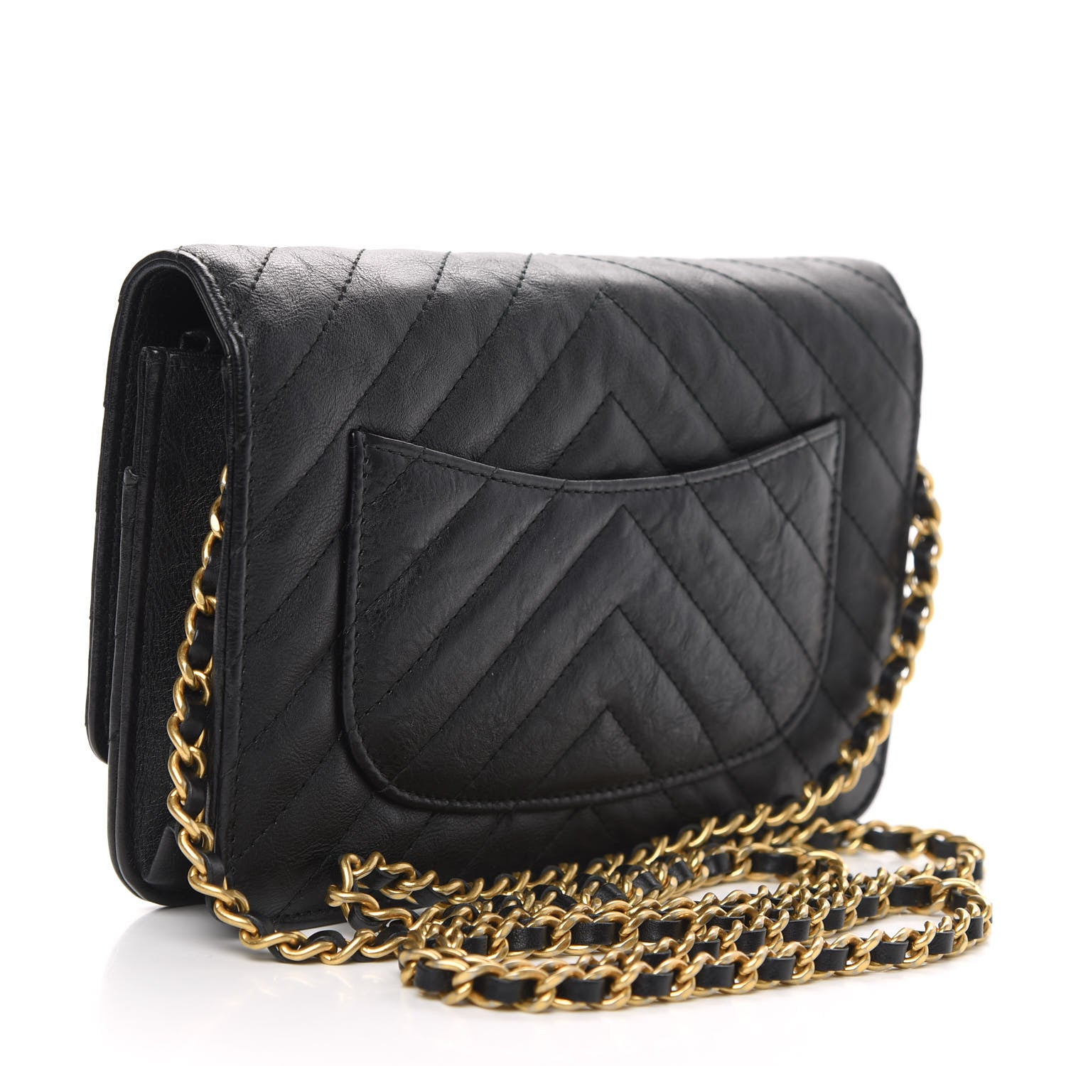 Chanel Crumpled Calfskin Chevron Quilted Wallet On Chain WOC Black 3 of 13