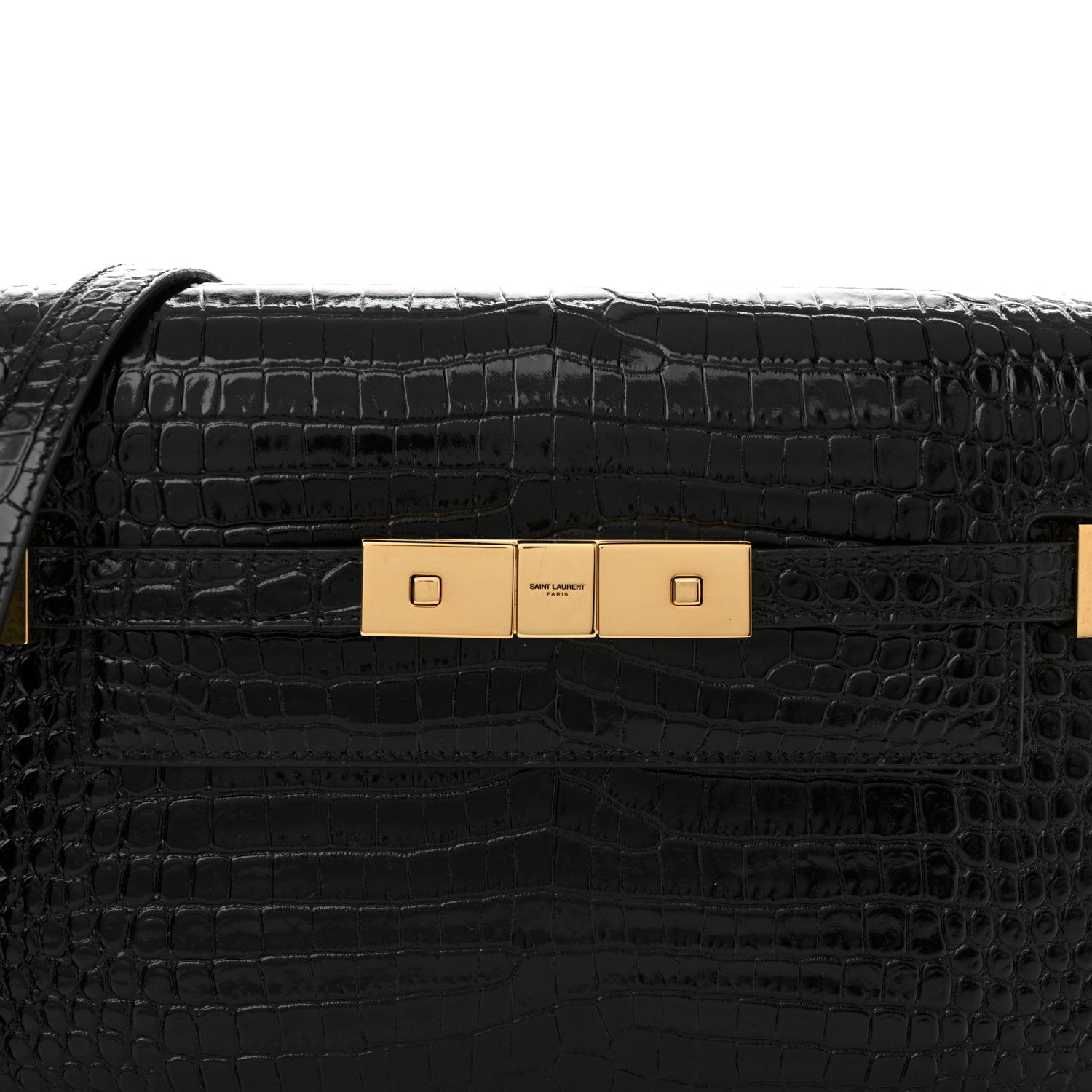 Saint Laurent Shiny Calfskin Crocodile Embossed Small Manhattan Baguette Black 8 of 11
