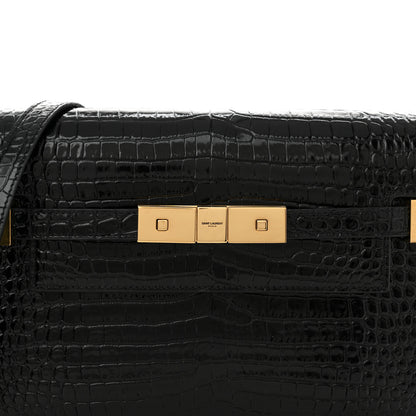 Saint Laurent Shiny Calfskin Crocodile Embossed Small Manhattan Baguette Black 8 of 11