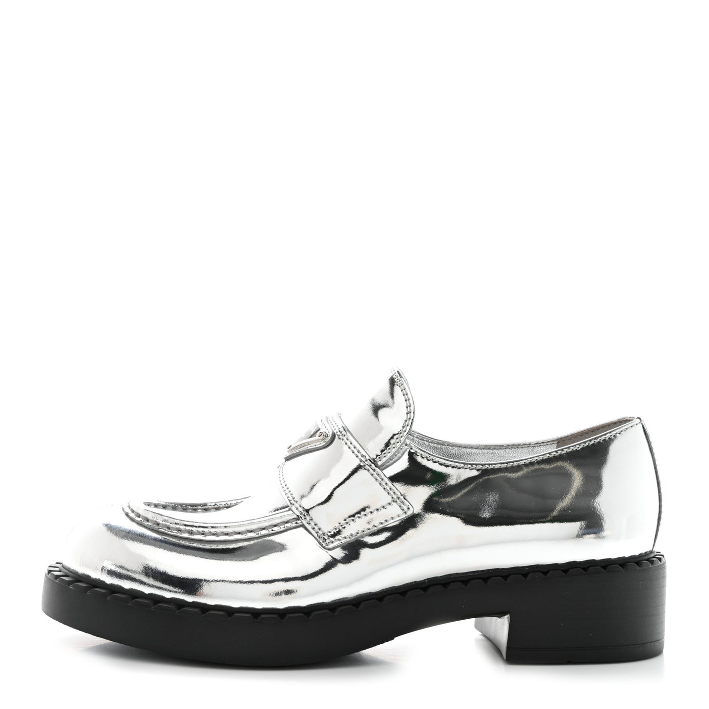 Metallic Brushed Calfskin Metal Triangle Logo 50mm Loafers 38.5 Argento