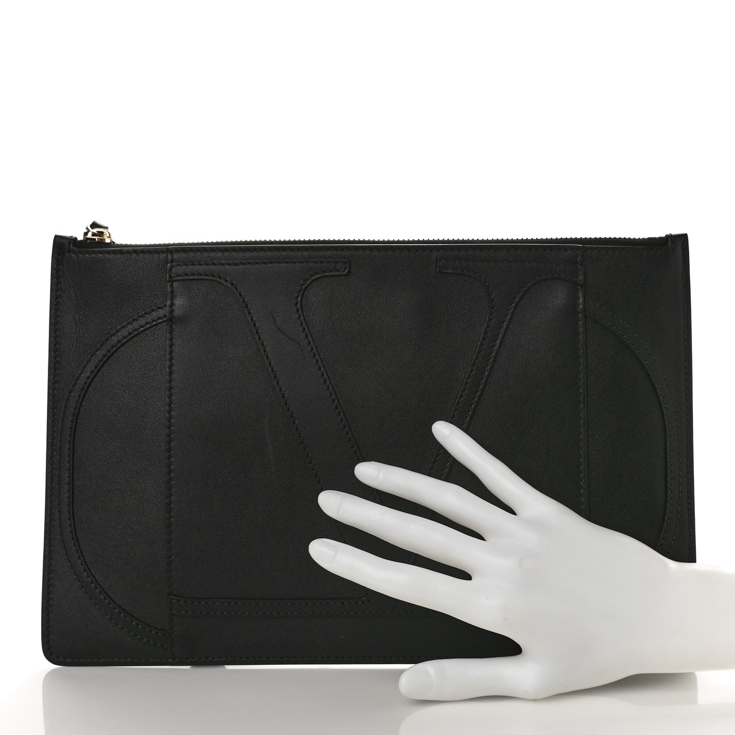 Calfskin VLogo Stitched Inlay Zip Pouch Black