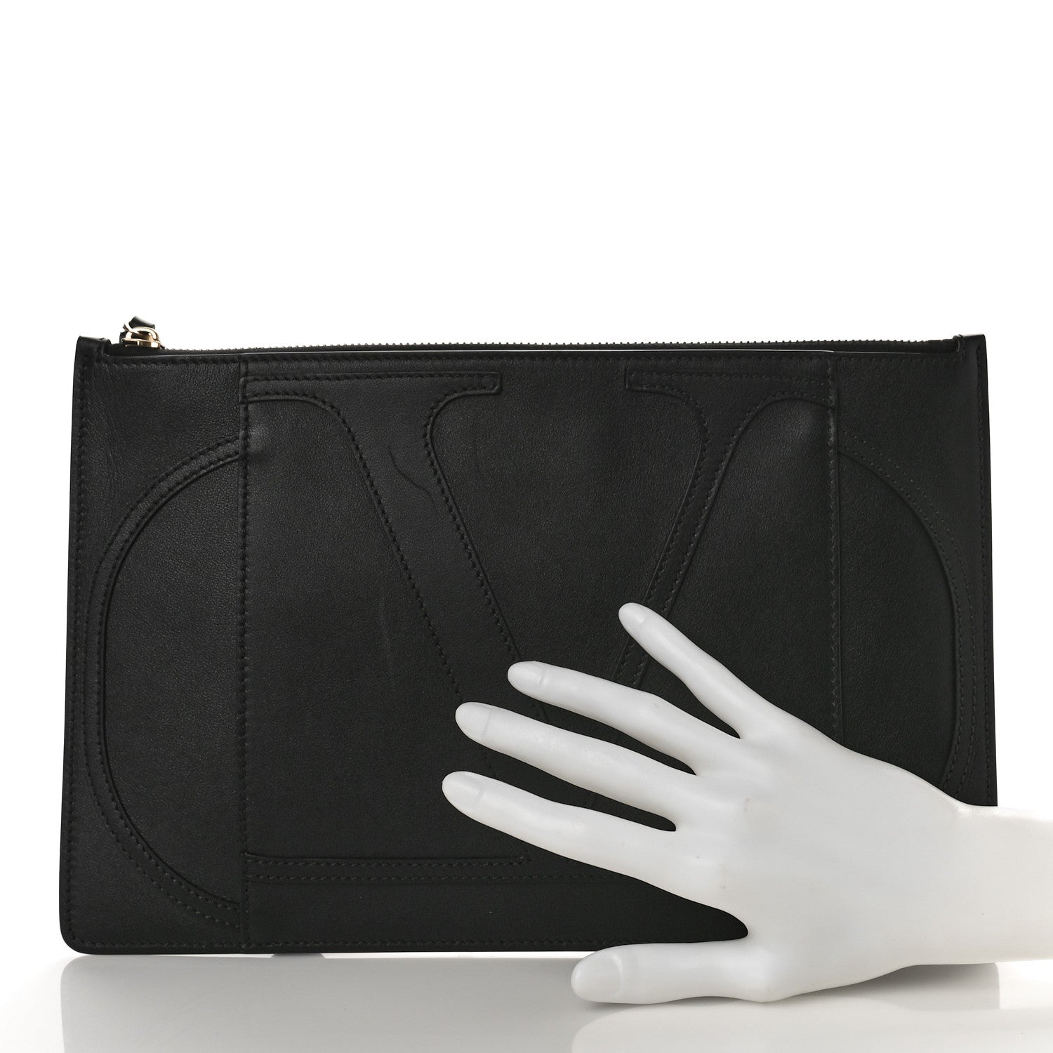 Valentino Garavani Calfskin VLogo Stitched Inlay Zip Pouch Black 2 of 8