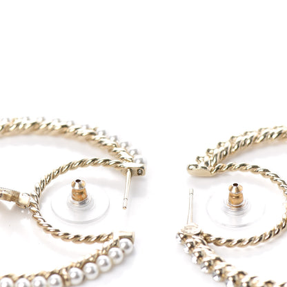 Chanel Crystal Pearl CC Drop Hoop Earrings Gold Pearly White 3 of 5