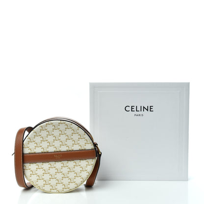Celine Lambskin Triomphe Canvas Round Purse On Strap White Tan 10 of 10