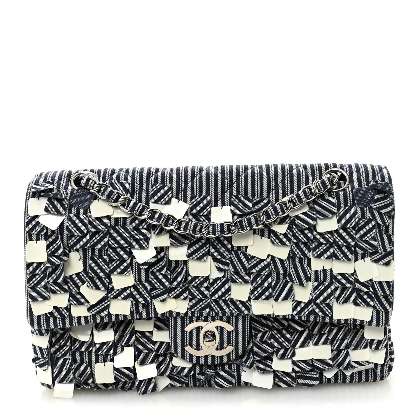 Canvas Sequin Stripe Medium Double Flap Navy Blue