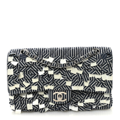 Chanel Canvas Sequin Stripe Medium Double Flap Navy Blue 1 of 11