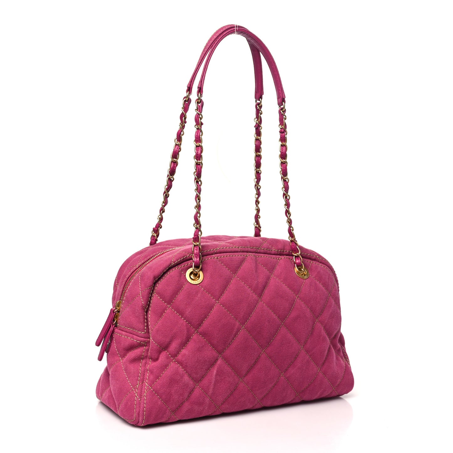 Washed Denim Quilted Bowling Bag Fuchsia
