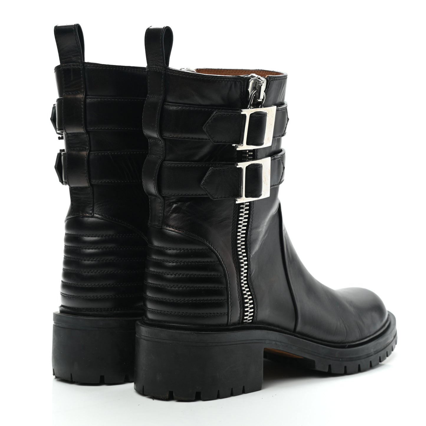 Calfskin Double Buckle Ankle Boots 37 Black