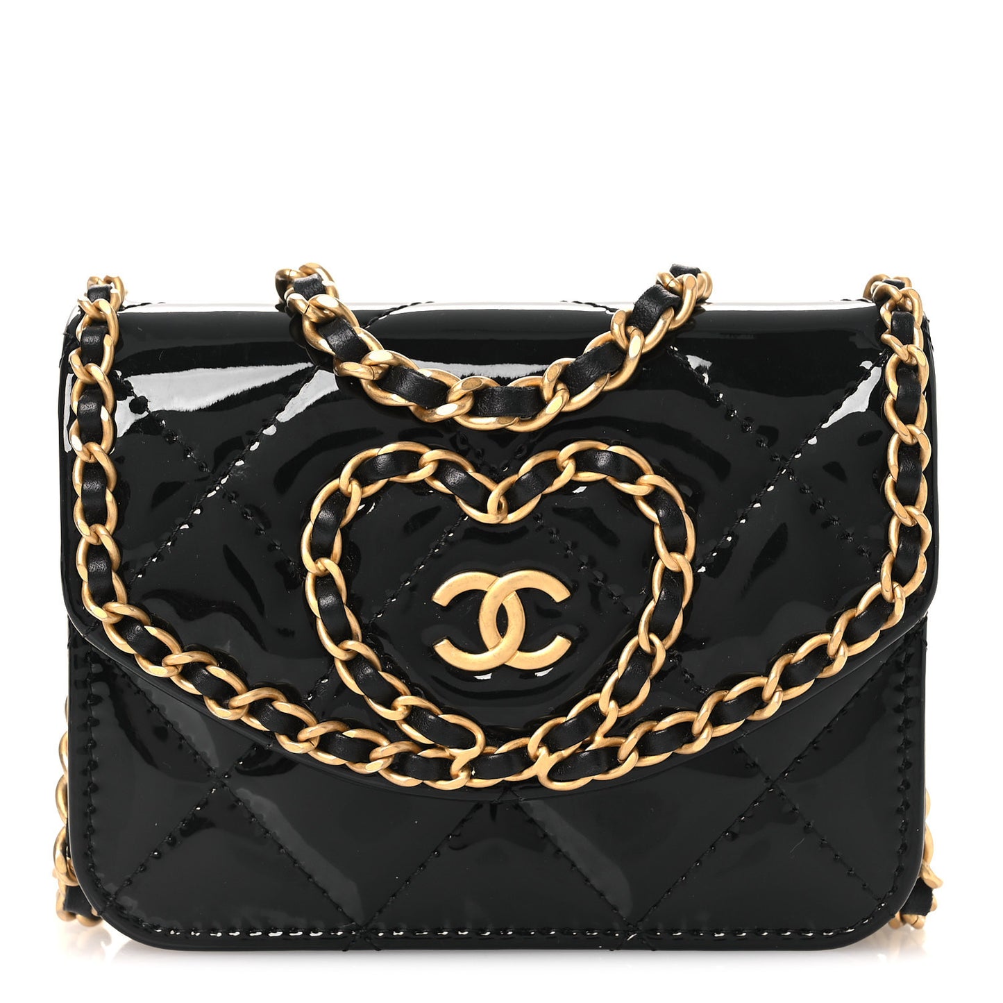 Patent Quilted Chain Around Heart Mini Chain Flap Black