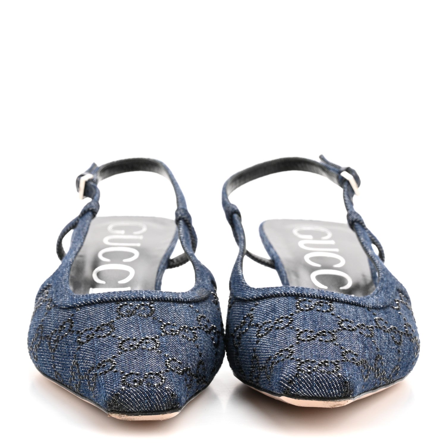 Gucci Denim GG Monogram Malaga Kid Crystal Square G 35mm Slingback Pumps 40 Blue 3 of 10