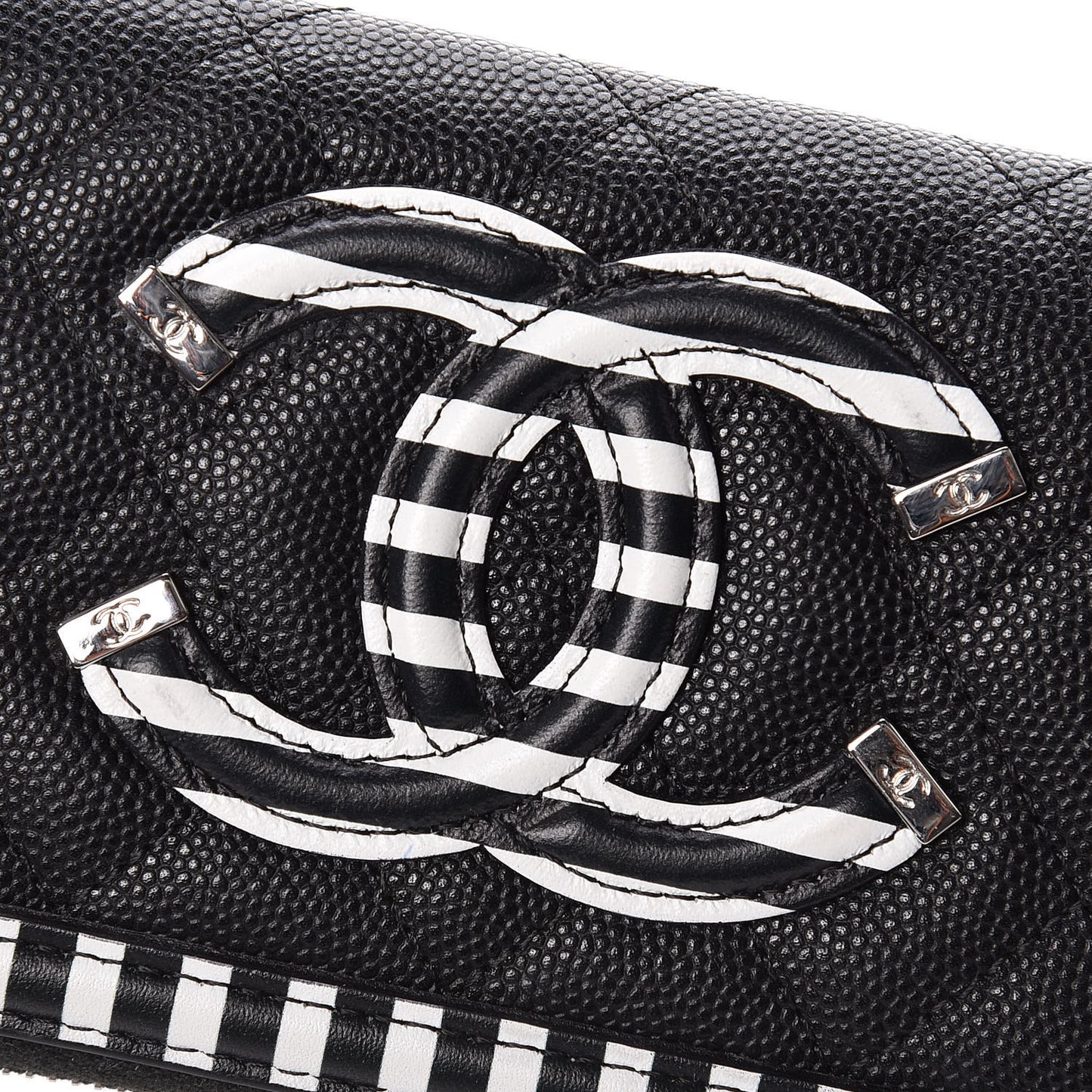 Caviar Quilted Stripe Filigree Zip Wallet Black White