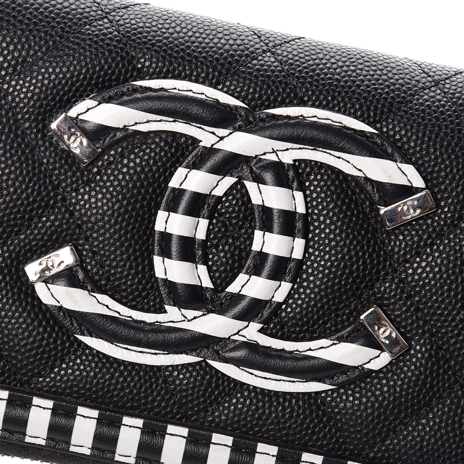 Chanel Caviar Quilted Stripe Filigree Zip Wallet Black White 13 of 17