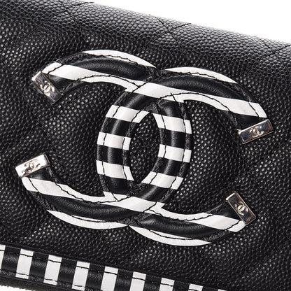 Chanel Caviar Quilted Stripe Filigree Zip Wallet Black White 13 of 17