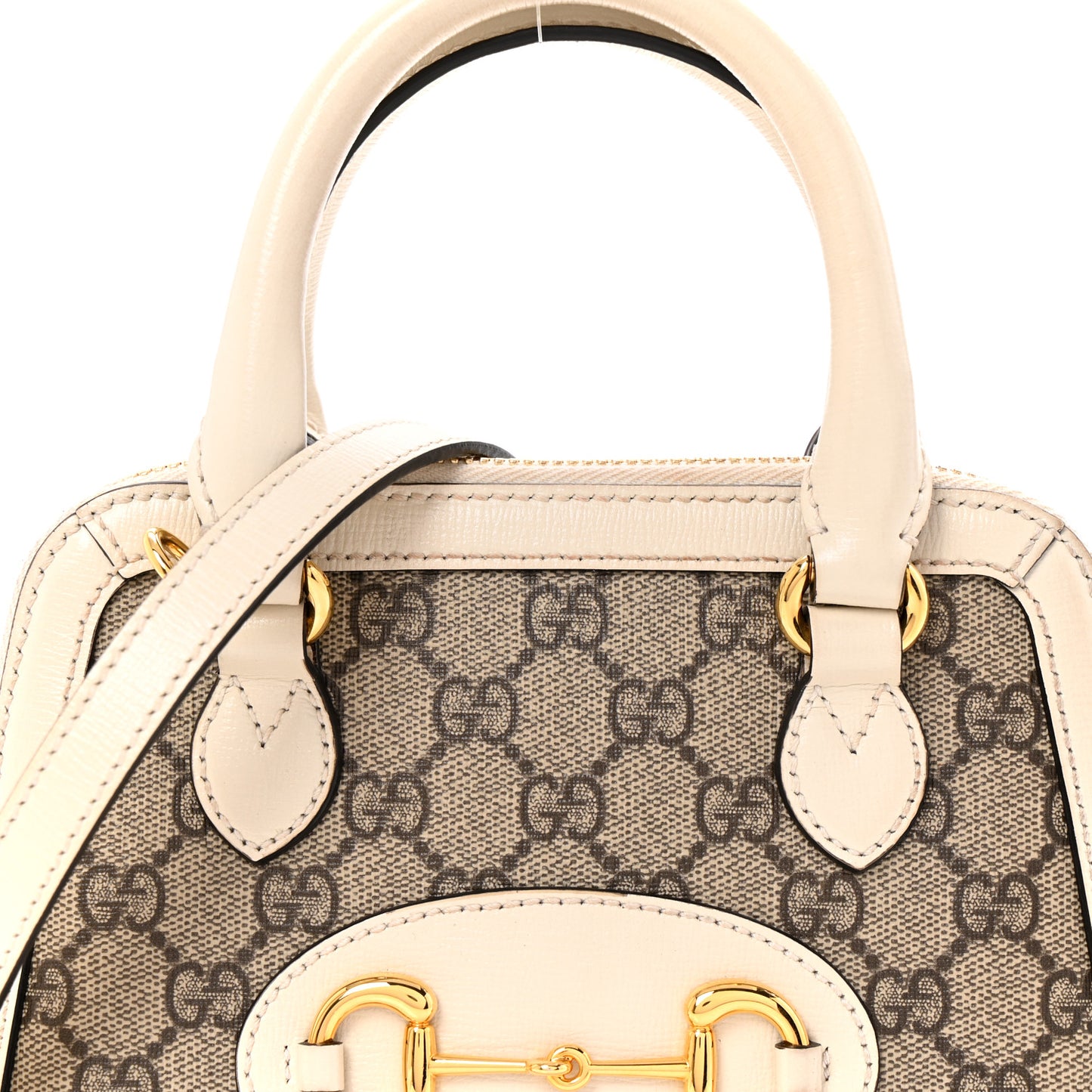 GG Supreme Monogram Azalea Calfskin Mini Horsebit 1955 Top Handle Bag Beige Ebony Mystic White