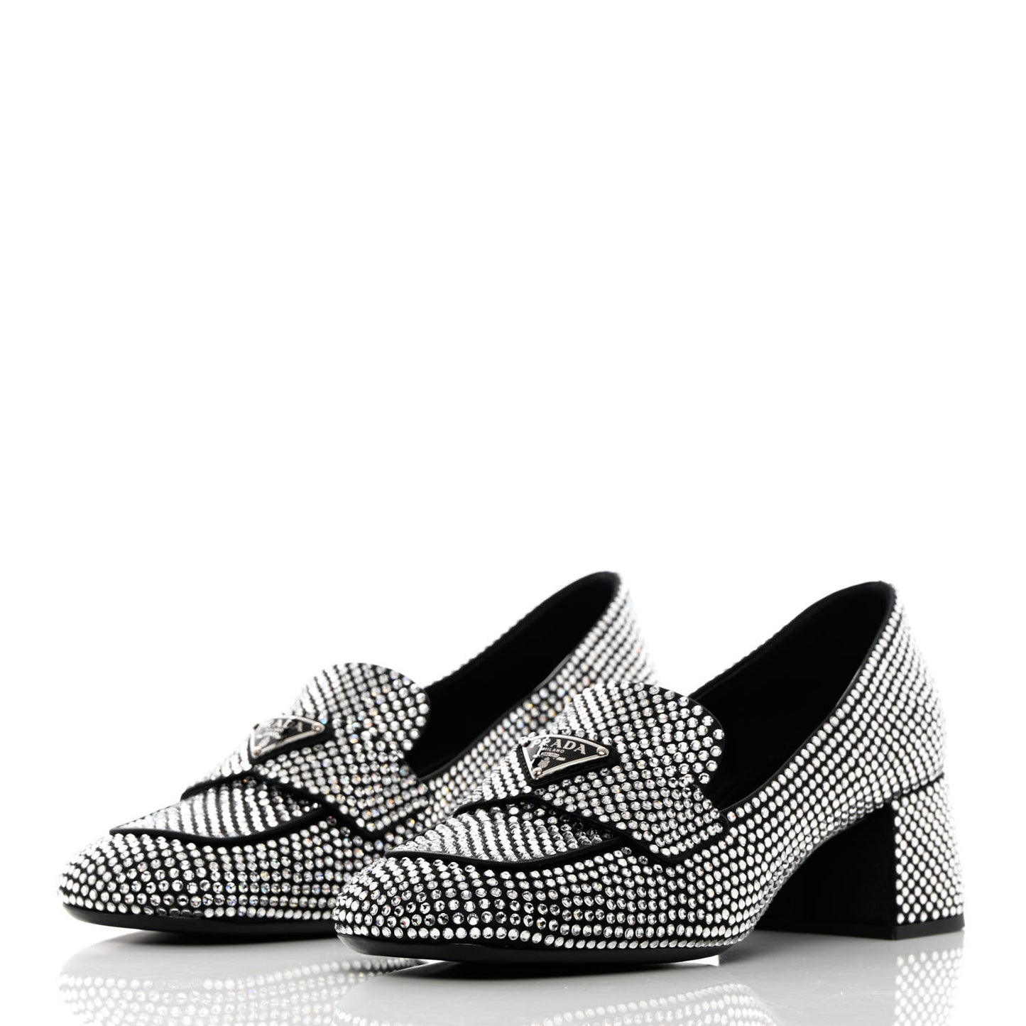 Satin Crystal Metal Triangle Logo 45mm Block Heel Loafers 37.5 Cristal