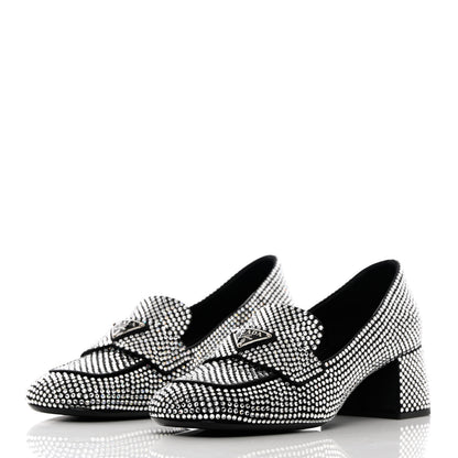 Prada Satin Crystal Metal Triangle Logo 45mm Block Heel Loafers 37.5 Cristal 3 of 10