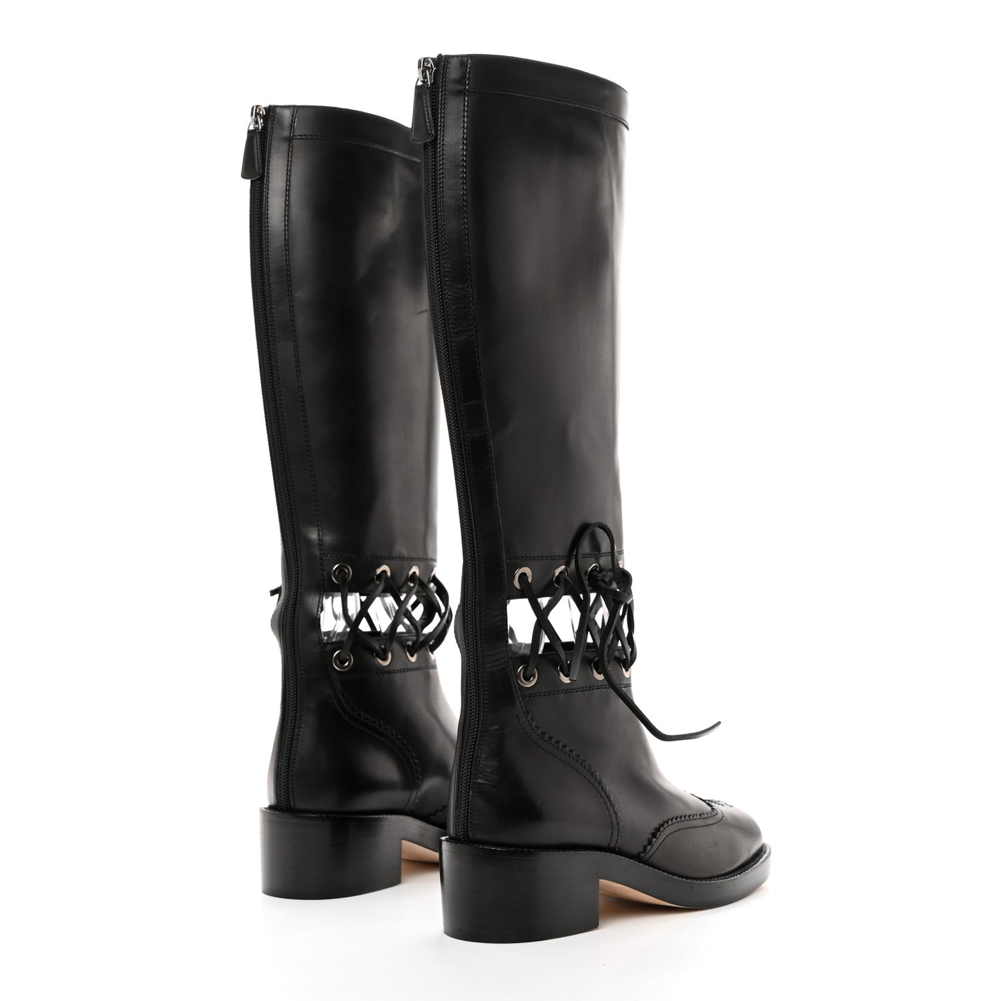 Calfskin Lace Up Knee High Boots 36.5 Black
