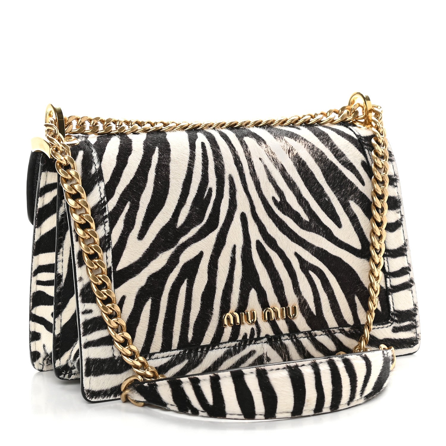 Miu Miu Pony Hair Zebra Print Confidential Logo Shoulder Bag Black White 3 of 9