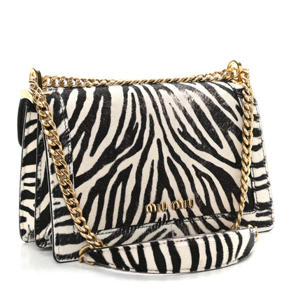 Miu Miu Pony Hair Zebra Print Confidential Logo Shoulder Bag Black White 3 of 9