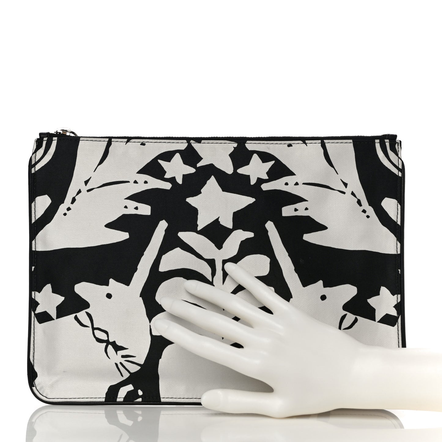 Silk Unicorn Print Skull Zip Pouch Black White