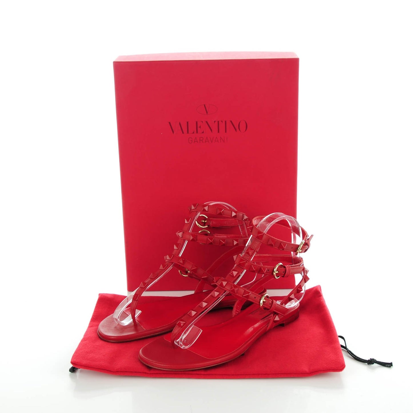 Calfskin Monochrome Rockstud Ankle Wrap Flat Thong Sandals 35 Rosso