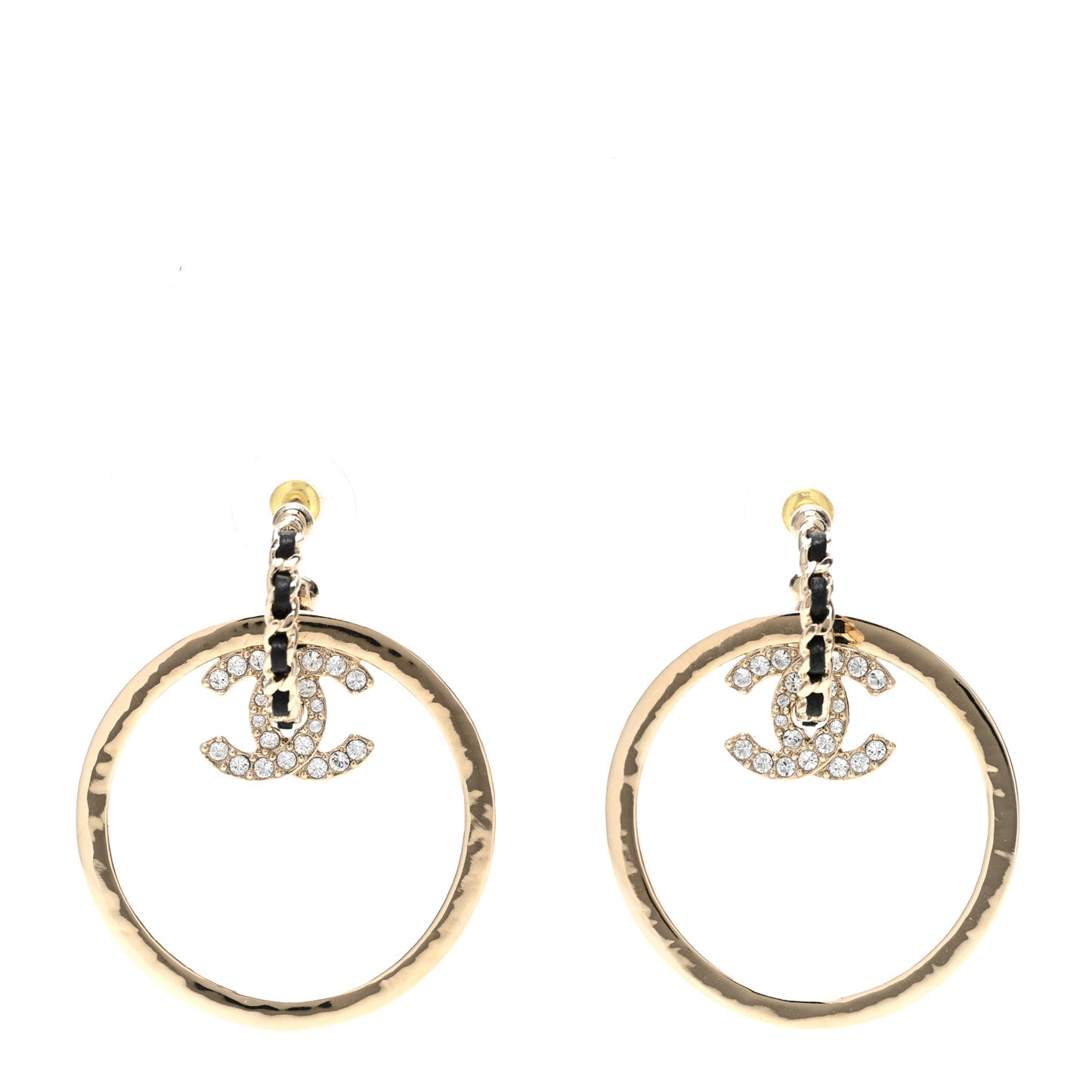 Metal Crystal Lambskin CC Chain Hoop Earrings Gold Black