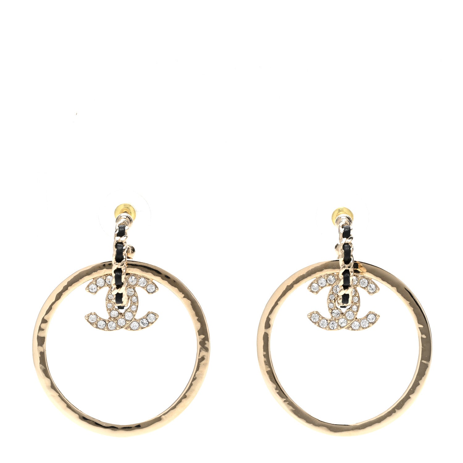 Chanel Metal Crystal Lambskin CC Chain Hoop Earrings Gold Black 1 of 5