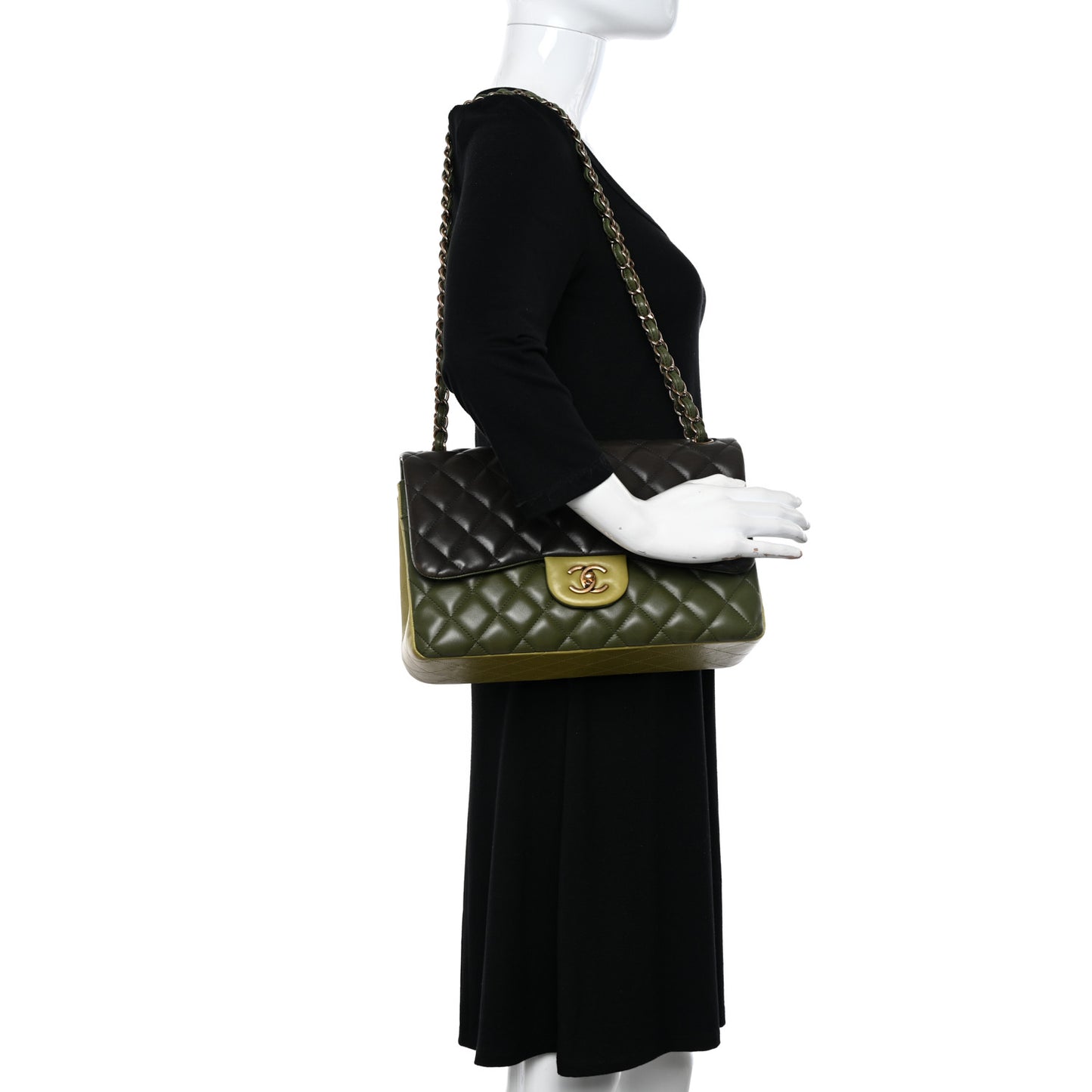 Lambskin Quilted Tri-Color Jumbo Double Flap Green Brown