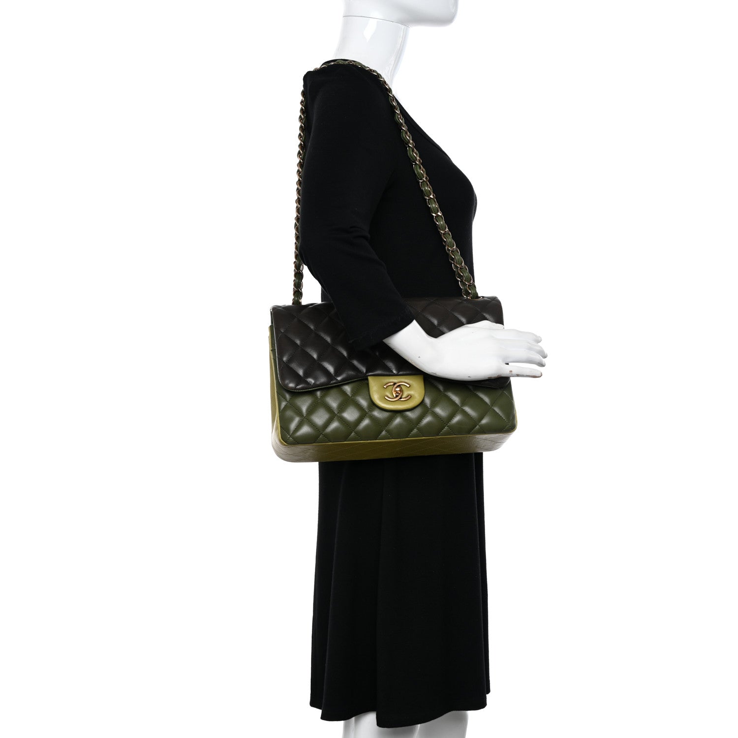 Chanel Lambskin Quilted Tri-Color Jumbo Double Flap Green Brown 2 of 12