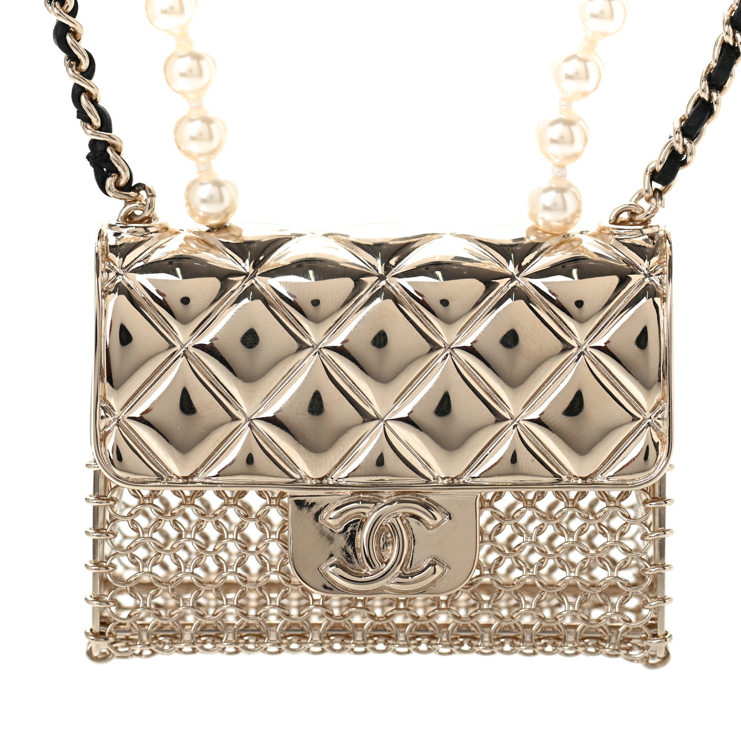 Chanel Metal Lambskin Pearl Chain Flap Bag Long Necklace Gold Black Pearly White 3 of 3