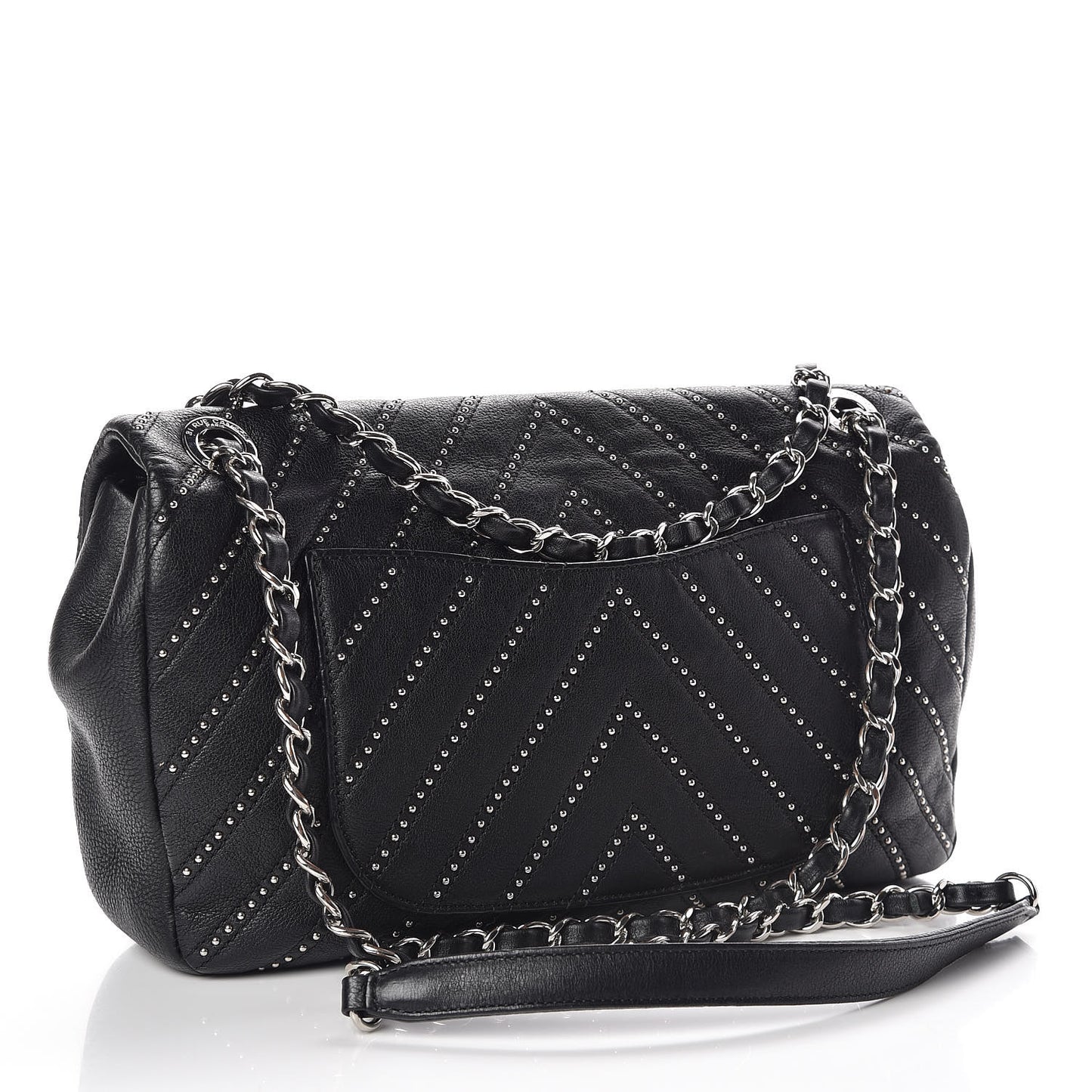 Calfskin Studded Chevron Quilted Medium Stud Wars Flap Black