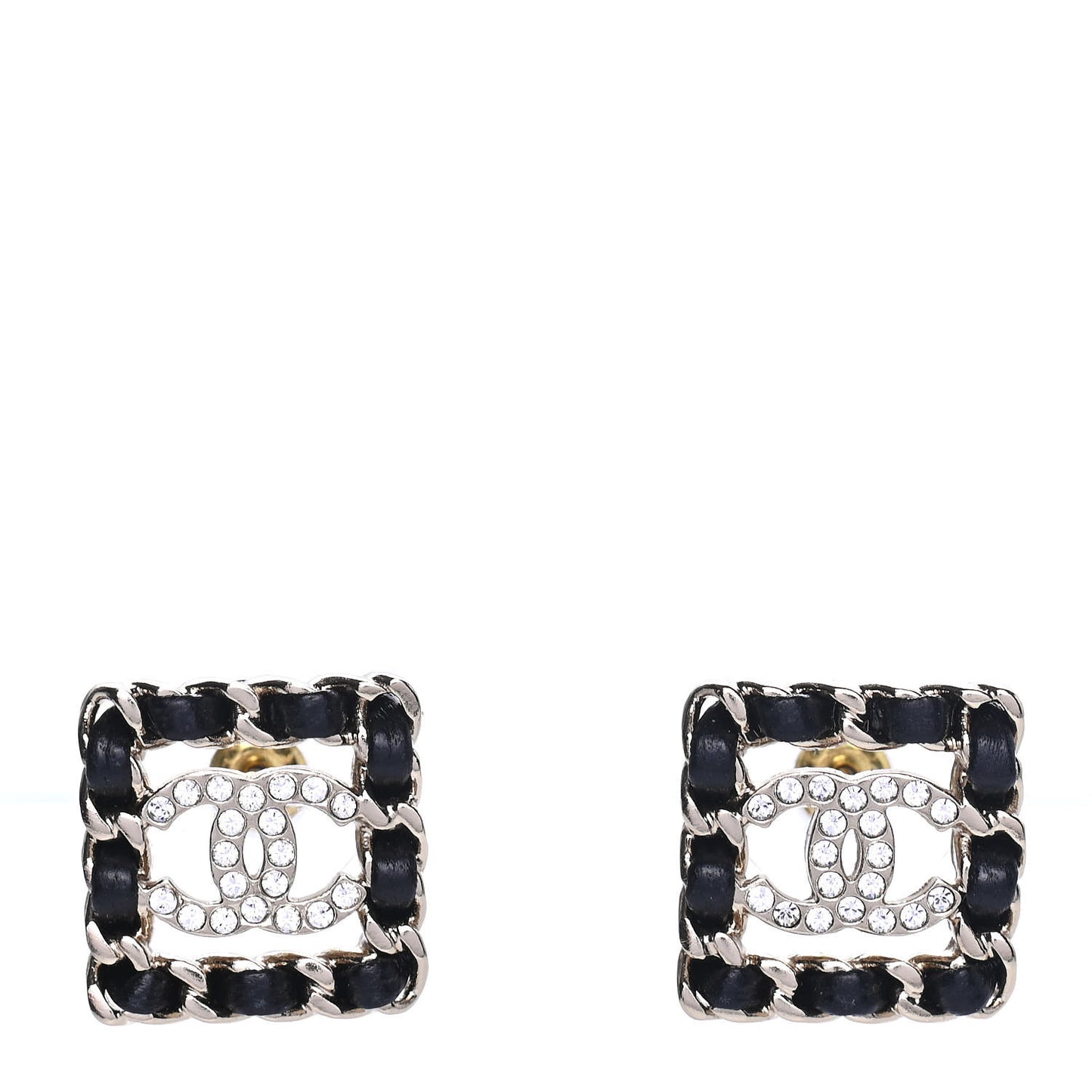 Crystal Lambskin Chain Sergeant Chanel Stud Earrings Black Gold